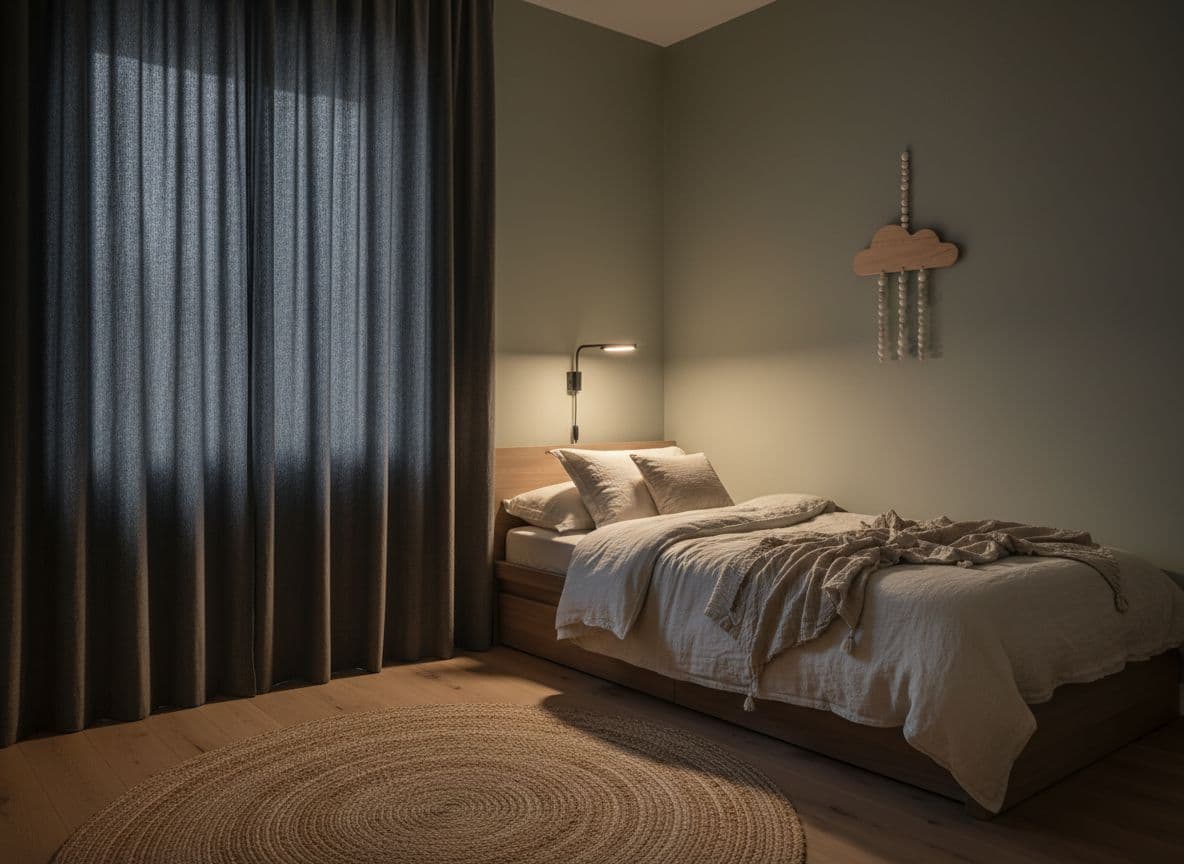 Ruhige Schlafzone im Kinderzimmer mit niedrigem Bett, dimmbarer Leselampe und verdunkelndem Vorhang, KI-Design für die Zimmerplanung