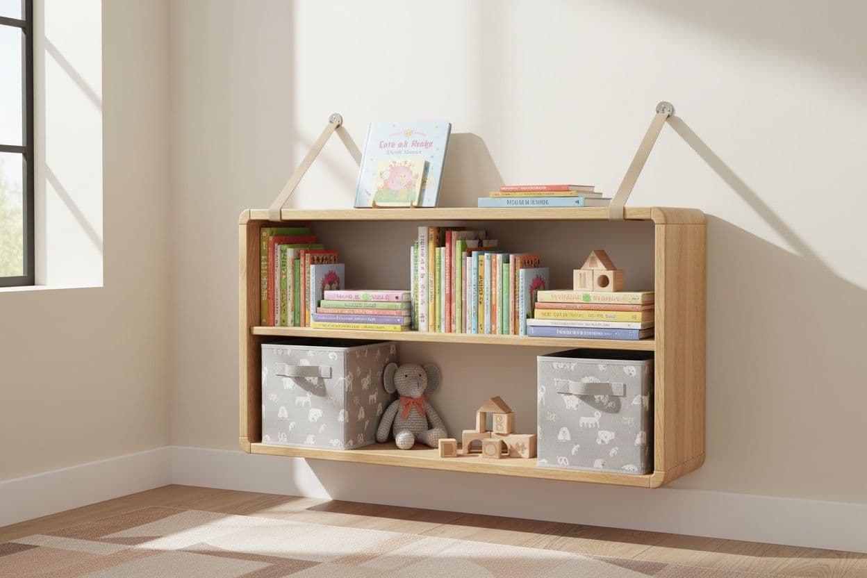 Wandbefestigtes Kinderzimmerregal aus hellem Massivholz mit abgerundeten Kanten und Kippsicherung, Beispiel für sicheres Einrichten