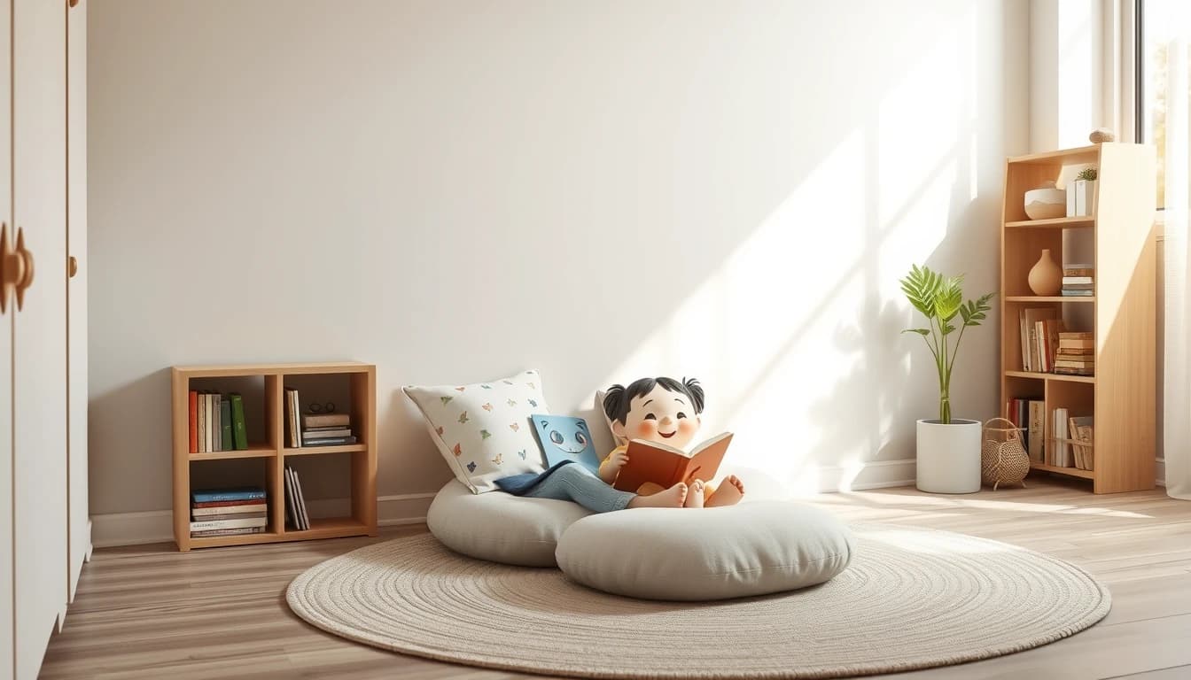 Kleine Spielecke im Kinderzimmer mit Sitzkissen, Bücherregal und weichem Teppich, Vorschlag des KI Ecken-Designers