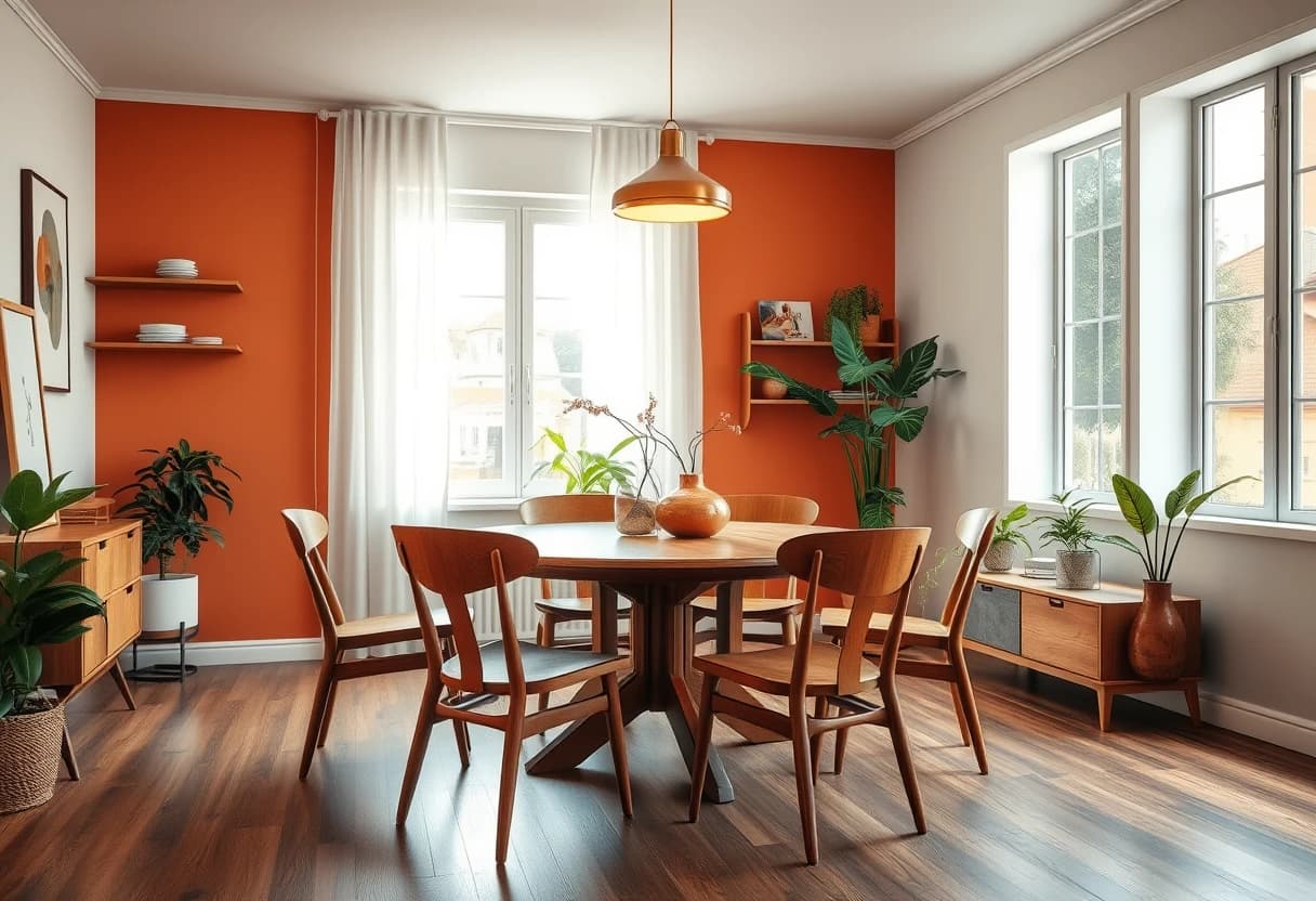 Mid-Century Essbereich mit rundem Nussbaumtisch, Teakstühlen und Terrakotta-Akzentwand als Beispiel für ein KI-generiertes Raumdesign ohne Anmeldung
