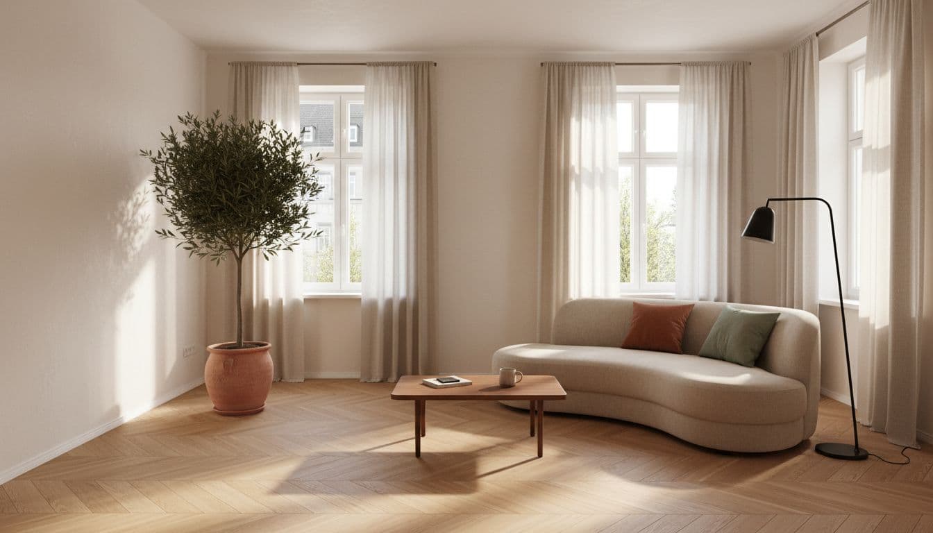 Kostenlose KI Raumgestaltung-App ohne Anmeldung: helles Wohnzimmer mit Boucle-Sofa, Terrakotta-Akzenten und Smartphone auf dem Couchtisch