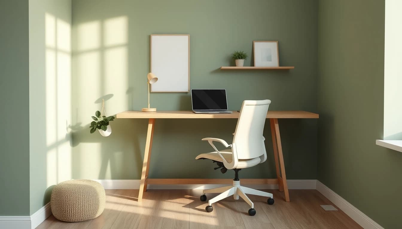 Minimalistische Homeoffice-Ecke mit Eichenholz-Schreibtisch vor salbeigrüner Wand, Vorschlag des KI Ecken-Designers in der kostenlosen DecorAI App