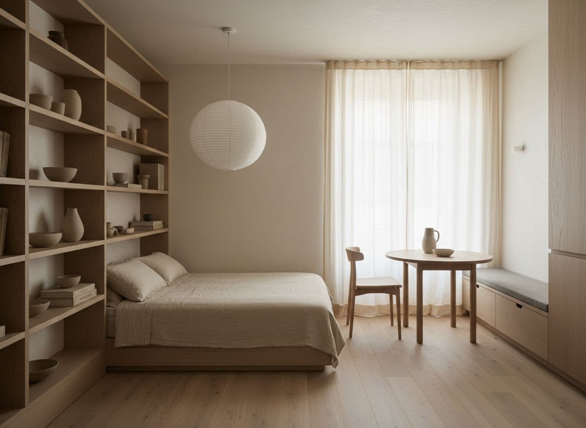KI Raumgestaltung für eine kleine Wohnung: 25 qm Studio im Japandi-Stil mit Podestbett, hellem Eschenholz und Papierleuchte, erstellt mit der kostenlosen DecorAI App