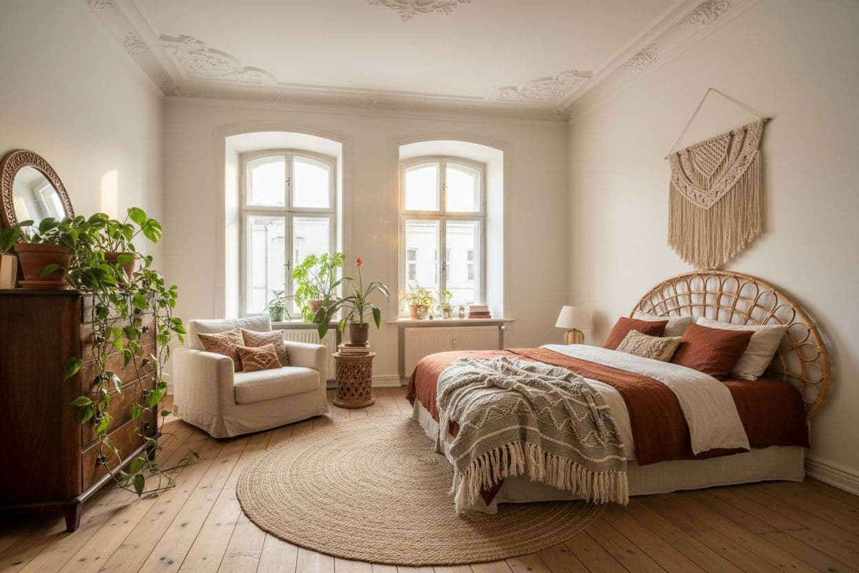 Boho Schlafzimmer in einer Altbauwohnung mit Rattan-Kopfteil, Makramee und Morgenlicht, gestaltet mit einer kostenlosen KI Raumgestaltung-App
