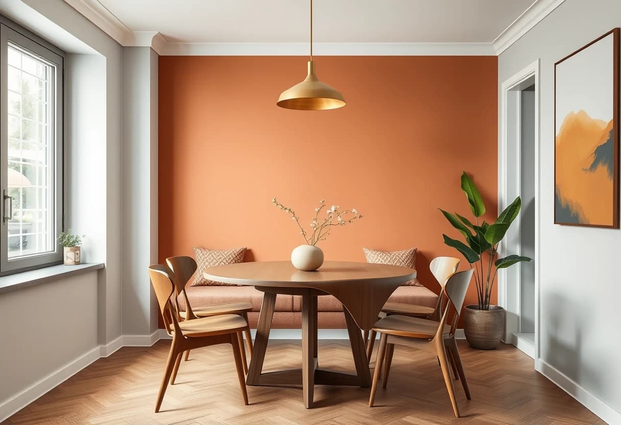 Essbereich im Mid-Century-Stil mit Terrakotta-Akzentwand, Ergebnis eines auf DecorAI übertragenen Moodboards