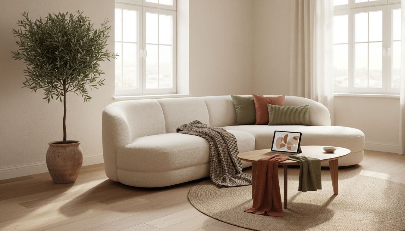 Moodboard erstellen für die Wohnung: helles Wohnzimmer in Terrakotta- und Sandtönen mit Tablet und Farbmustern auf dem Couchtisch, erstellt mit DecorAI