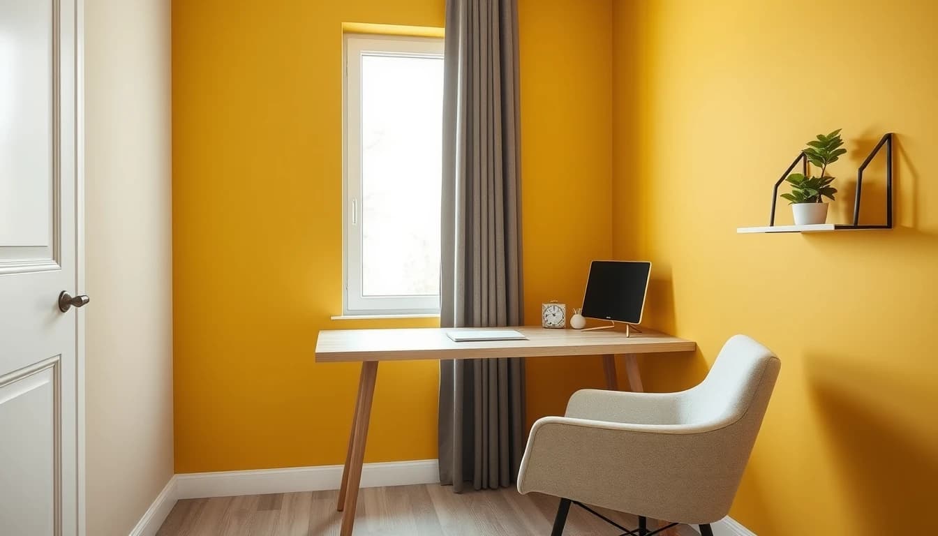 Homeoffice-Ecke mit Senfgelb als Akzentfarbe aus einem kontrastreichen Moodboard, helles Eichenholz und schlichtes Regal