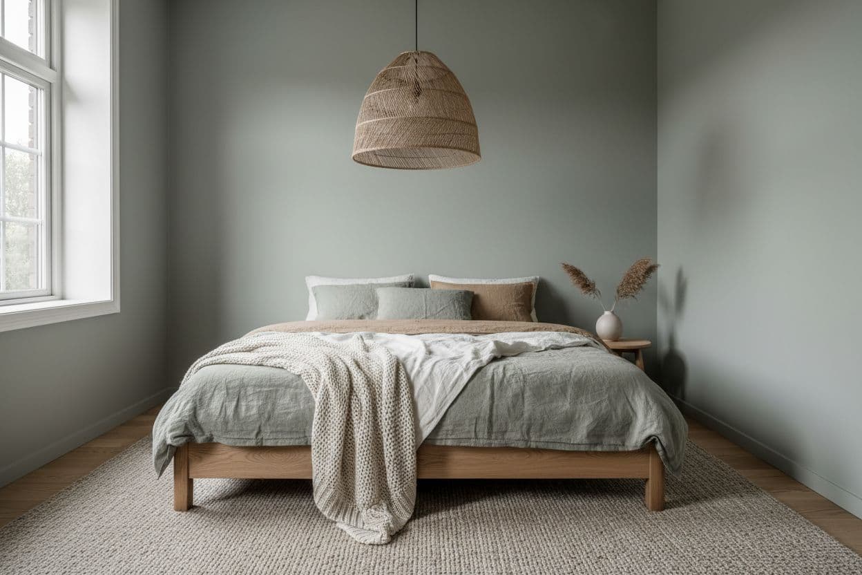 Schlafzimmer in kühler, heller Farbpalette mit Salbeigrün und Taupe, umgesetzt aus einem digitalen Moodboard