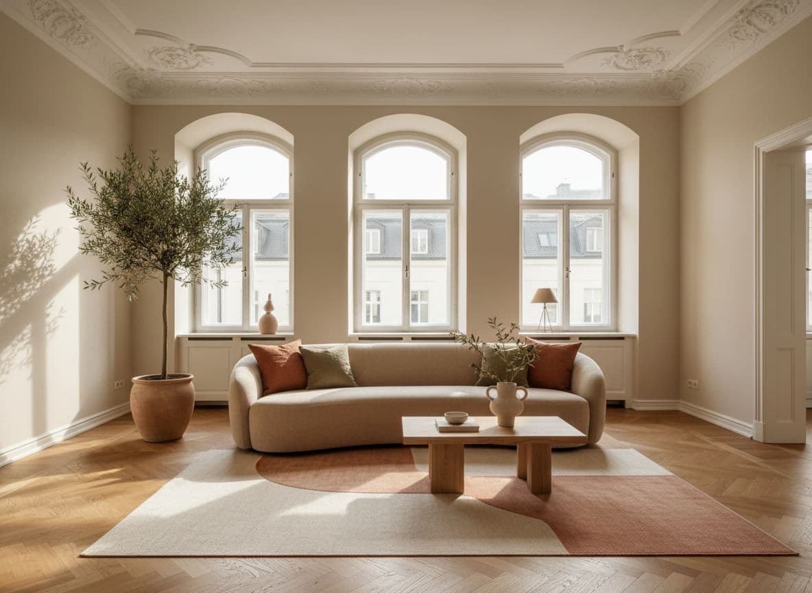 Moodboard erstellen für die Wohnung: Wohnzimmer in Terrakotta und Sandtönen nach abgeleiteter Farbpalette, mit Boucle-Sofa und Olivenbaum