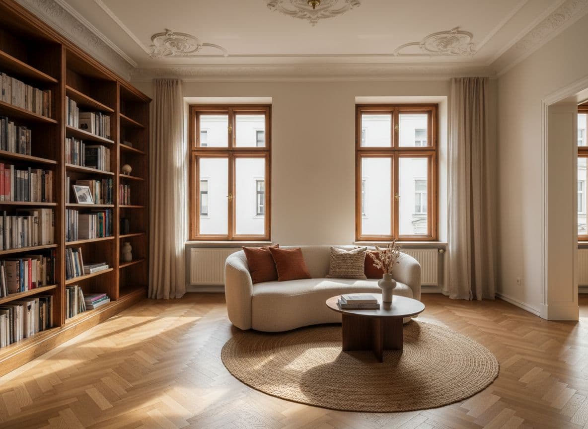 Foto-KI-Redesign eines Altbau-Wohnzimmers: Stuckdecke, Boucle-Sessel und Terrakotta-Kissen, in Sekunden mit einer Raumgestaltung App erzeugt