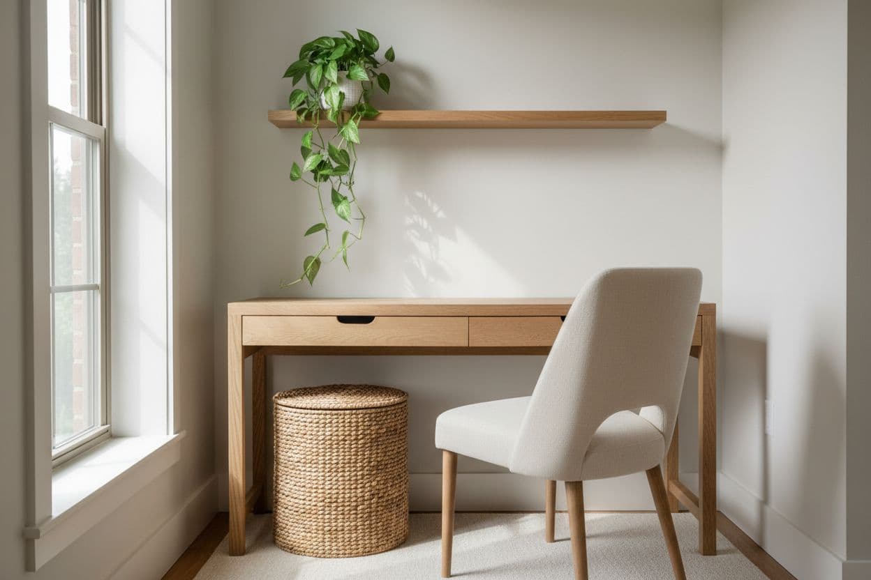 Ecken-Designer Vorschlag für eine ungenutzte Zimmerecke: heller Eichenholz-Schreibtisch, Rattankorb und Wandregal, erstellt mit einer KI Raumgestaltung App