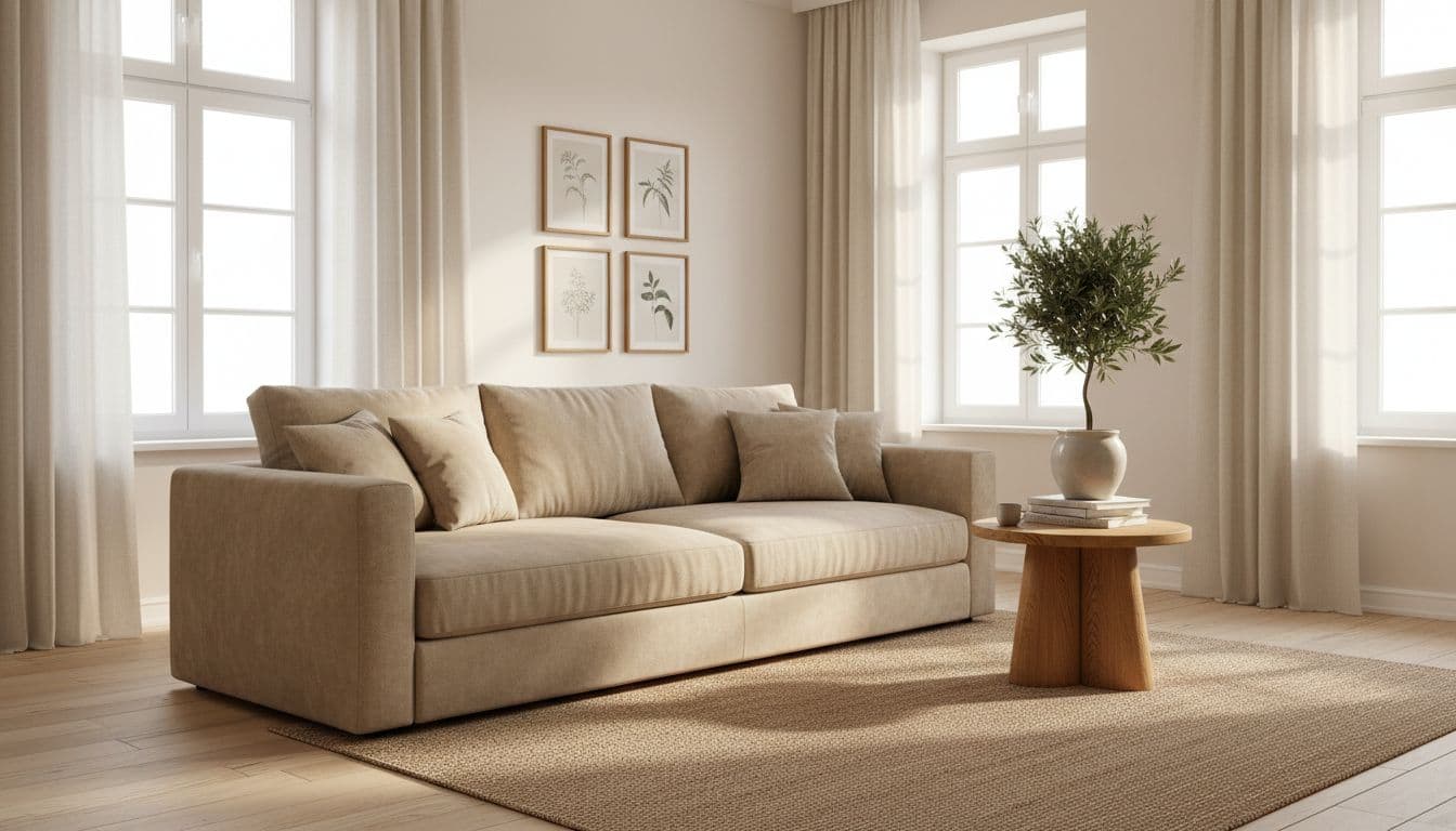 Raumgestaltung App im Test: helles Wohnzimmer mit Boucle-Sofa, Naturholz-Beistelltisch und weichem Tageslicht, gestaltet mit DecorAI