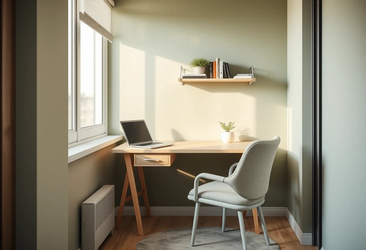 Kompakte Homeoffice-Ecke in einer Mietwohnung mit hellem Schreibtisch, geschlossenem Laptop und Wandregal, Beispiel für eine geräteunabhängige Raumgestaltung App