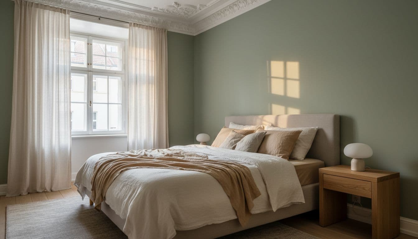 Schlafzimmer einrichten mit KI: ruhiges Altbau-Schlafzimmer in Salbeigrün mit Leinenbettwäsche und warmer Nachttischleuchte, erstellt mit der DecorAI App