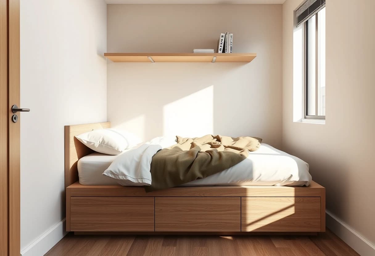 Kleines Schlafzimmer einrichten mit KI: Podestbett mit Stauraum darunter und offenem Wandregal statt Nachttisch in einer kompakten Wohnung