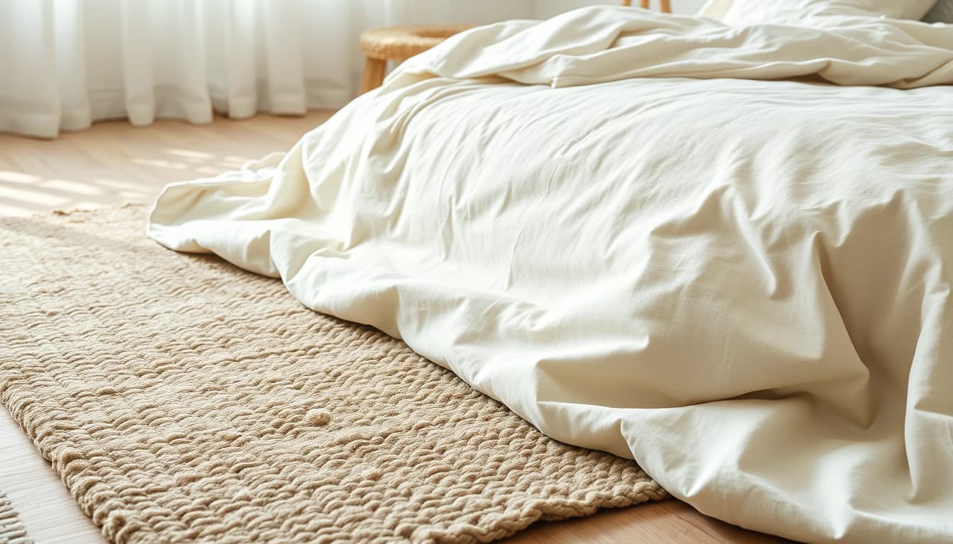 Nahaufnahme von Leinenbettwäsche und einem Wollteppich in gedeckten Naturtönen in einem hellen, minimalistischen Schlafzimmer