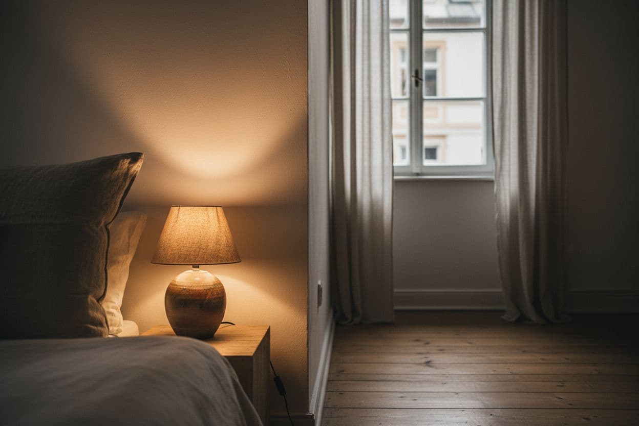 Schlafzimmer einrichten mit KI: Nachttisch mit warmweißer Leuchte, Leinenkissen und Kastenfenster in einer Altbauwohnung am Abend