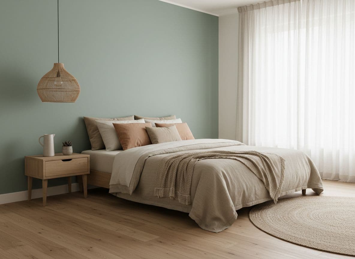Ruhiges Schlafzimmer mit salbeigrüner Akzentwand hinter dem Bett, Leinenbettwäsche in Naturtönen und Eichenholz-Nachttisch in einer Altbauwohnung