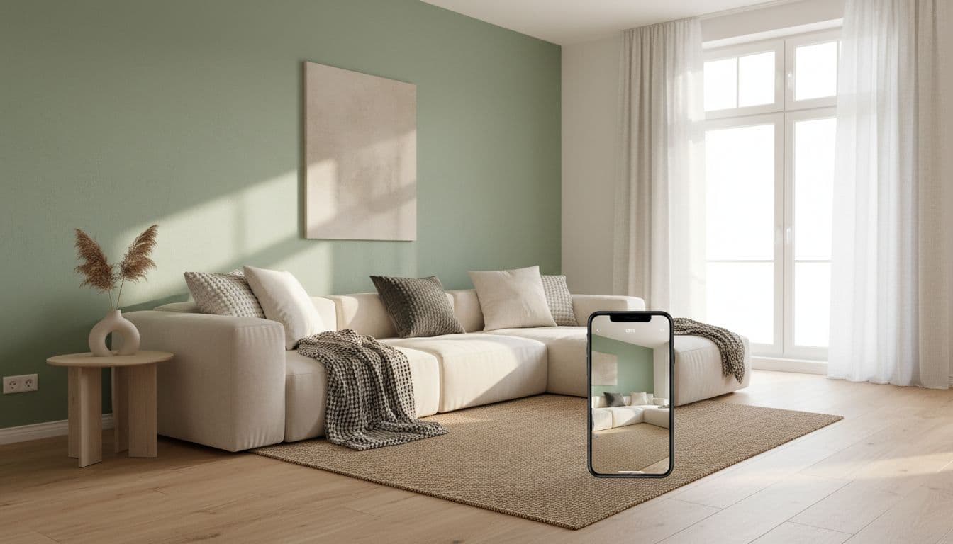 Wandfarbe virtuell testen im Wohnzimmer: Sofa vor frisch eingefärbter Salbeigrün-Wand, warmes Nachmittagslicht, Vorschau mit der DecorAI App
