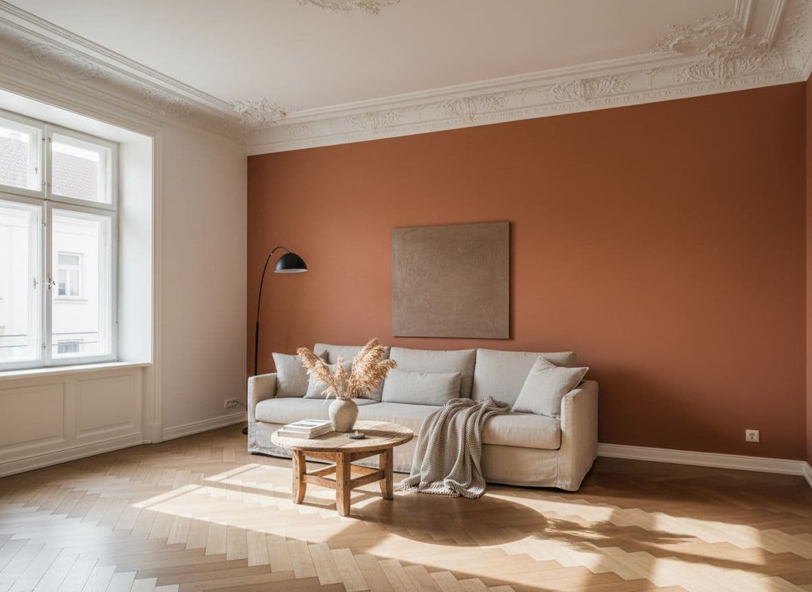 Akzentwand in Terrakotta im Altbau-Wohnzimmer mit Stuckdecke und Dielenboden, virtuell eingefärbt mit dem DecorAI Inpainting-Editor