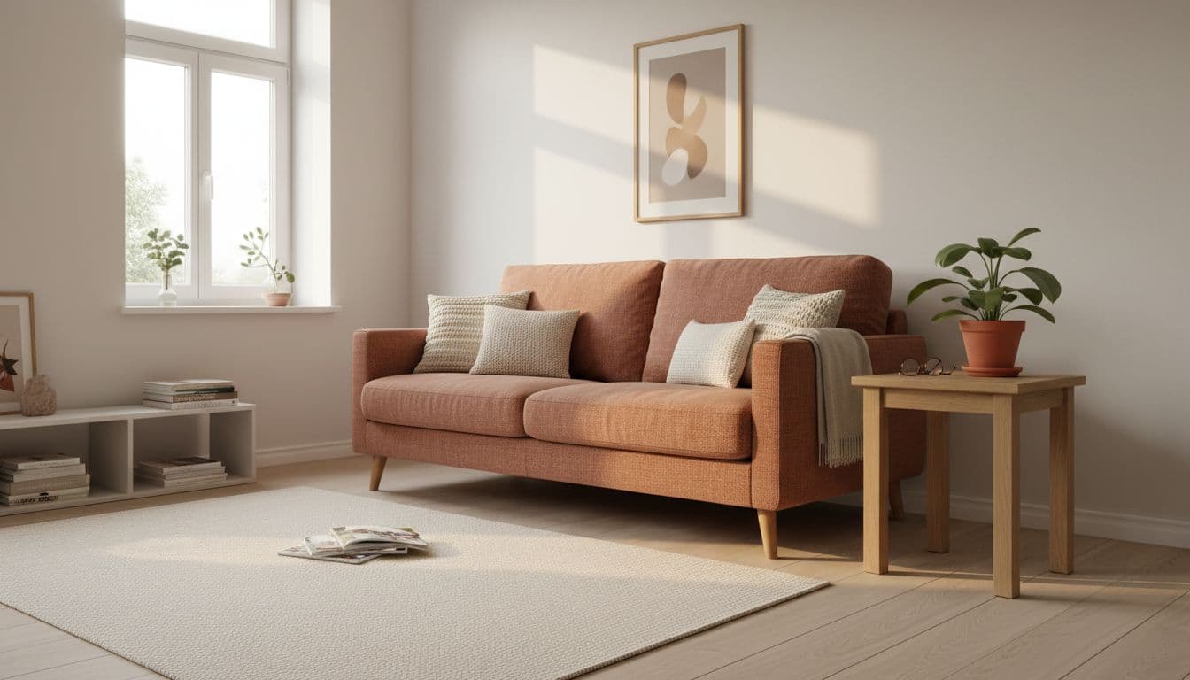 Wohnung einrichten mit kleinem Budget: helles Wohnzimmer mit gebrauchtem Sofa und neuen Kissen, Vorschau erstellt mit der DecorAI App