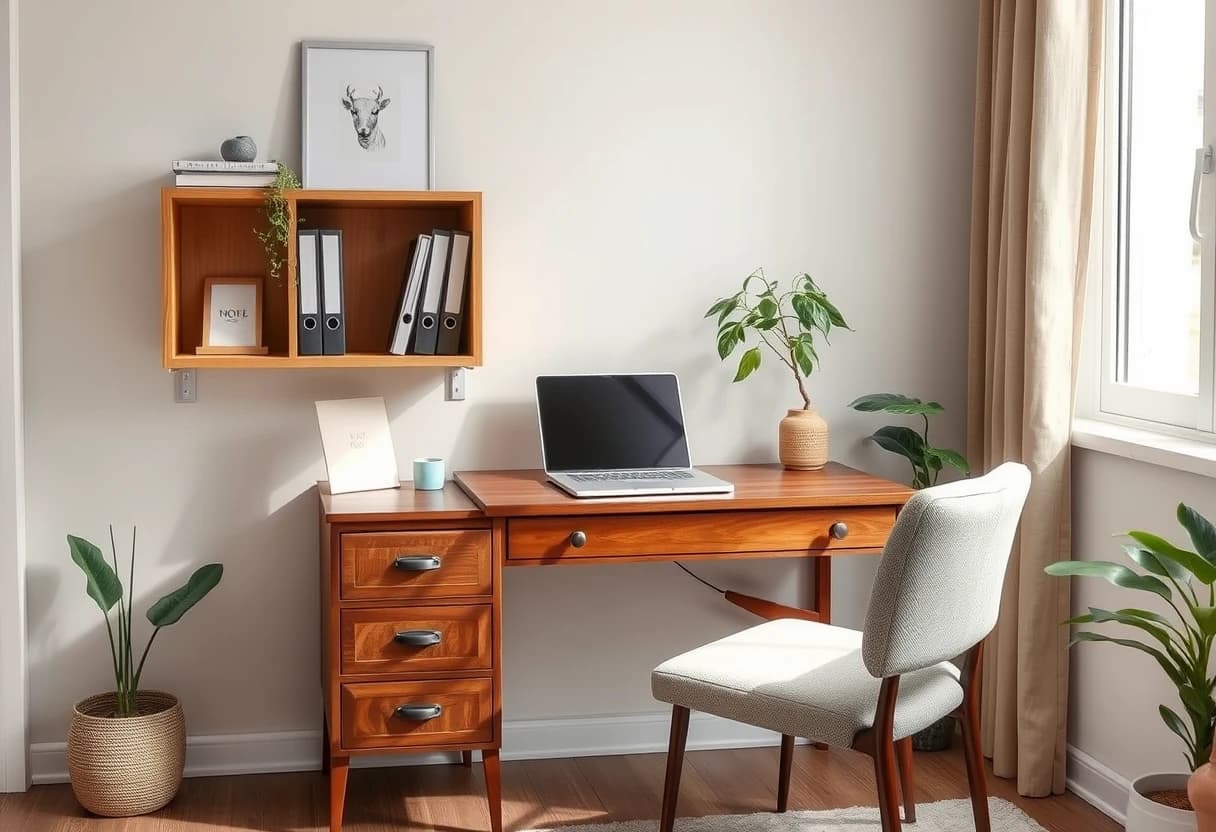 Budget-Homeoffice-Ecke im Wohnzimmer eingerichtet: gebrauchter Schreibtisch, offenes Regal, mit der DecorAI App visualisiert