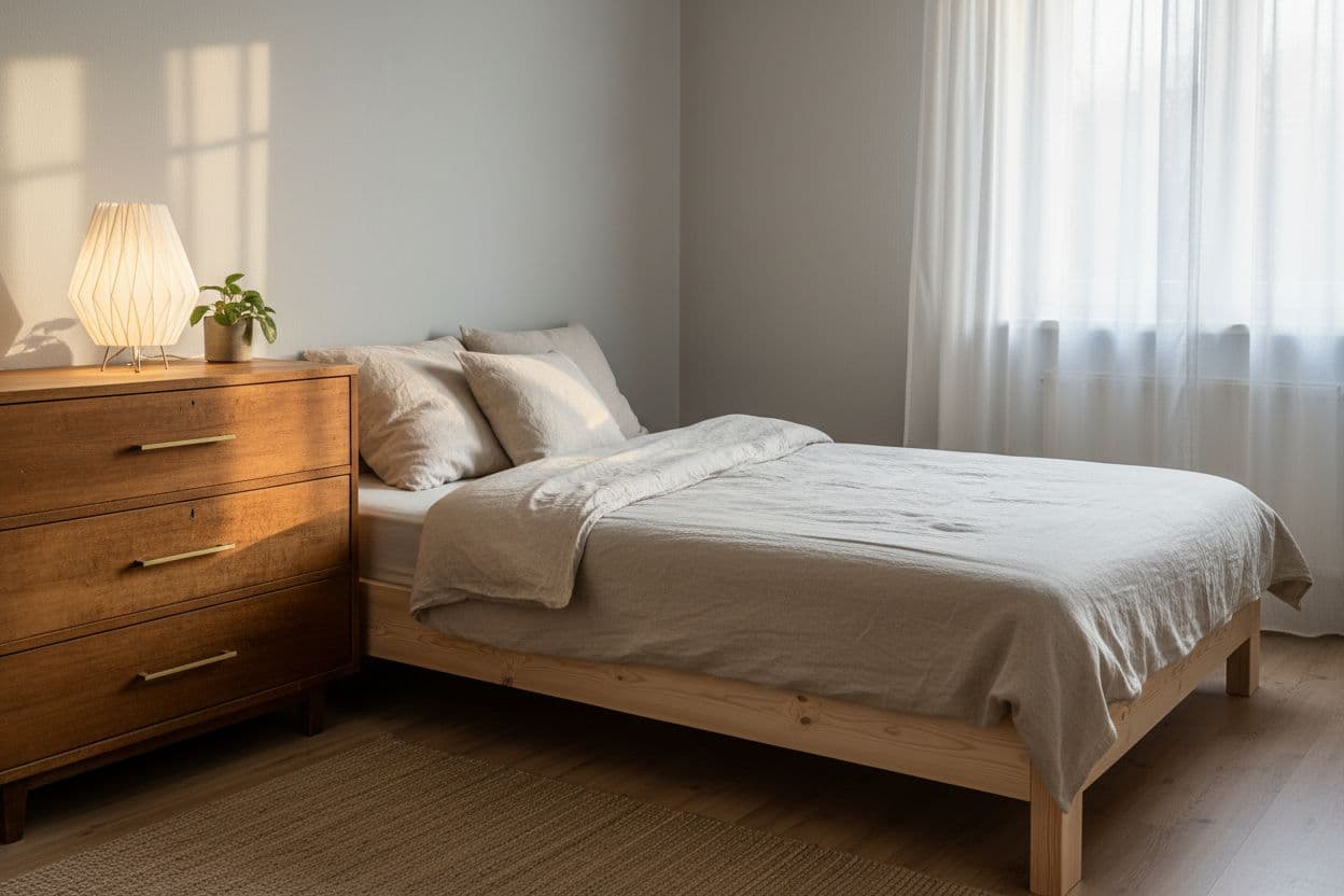 Kleines Schlafzimmer mit kleinem Budget eingerichtet: schlichtes Bett, gebrauchte Kommode, Vorschau mit der DecorAI App erstellt