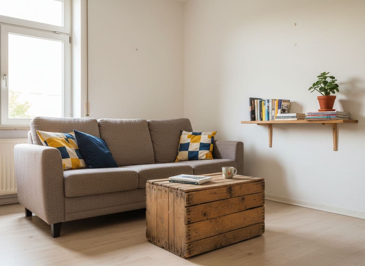 Günstig eingerichtetes Wohnzimmer in einer Mietwohnung: Secondhand-Sofa, DIY-Couchtisch, mit einer KI Raumgestaltung-App geplant