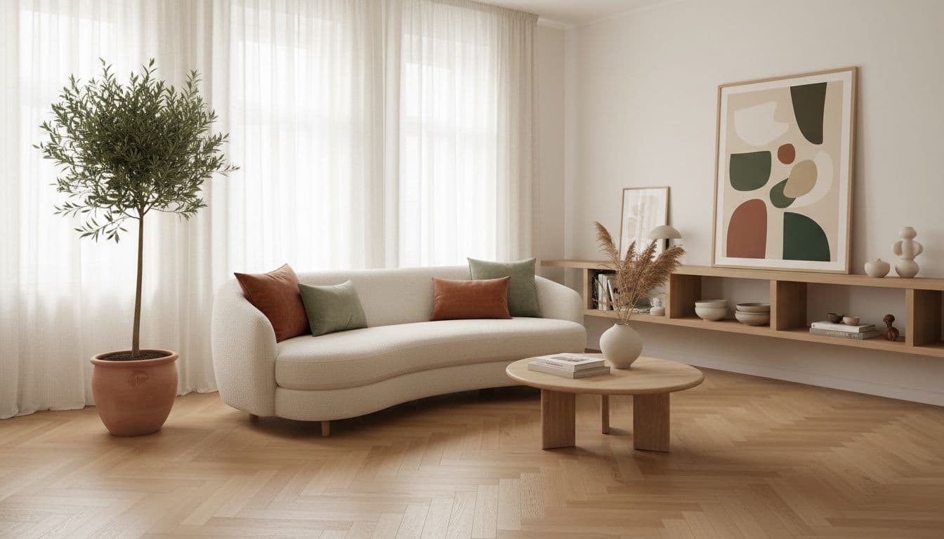 Zimmer einrichten App kostenlos ausprobiert: helles Wohnzimmer mit Boucle-Sofa und Eichenparkett, erstellt mit der DecorAI App