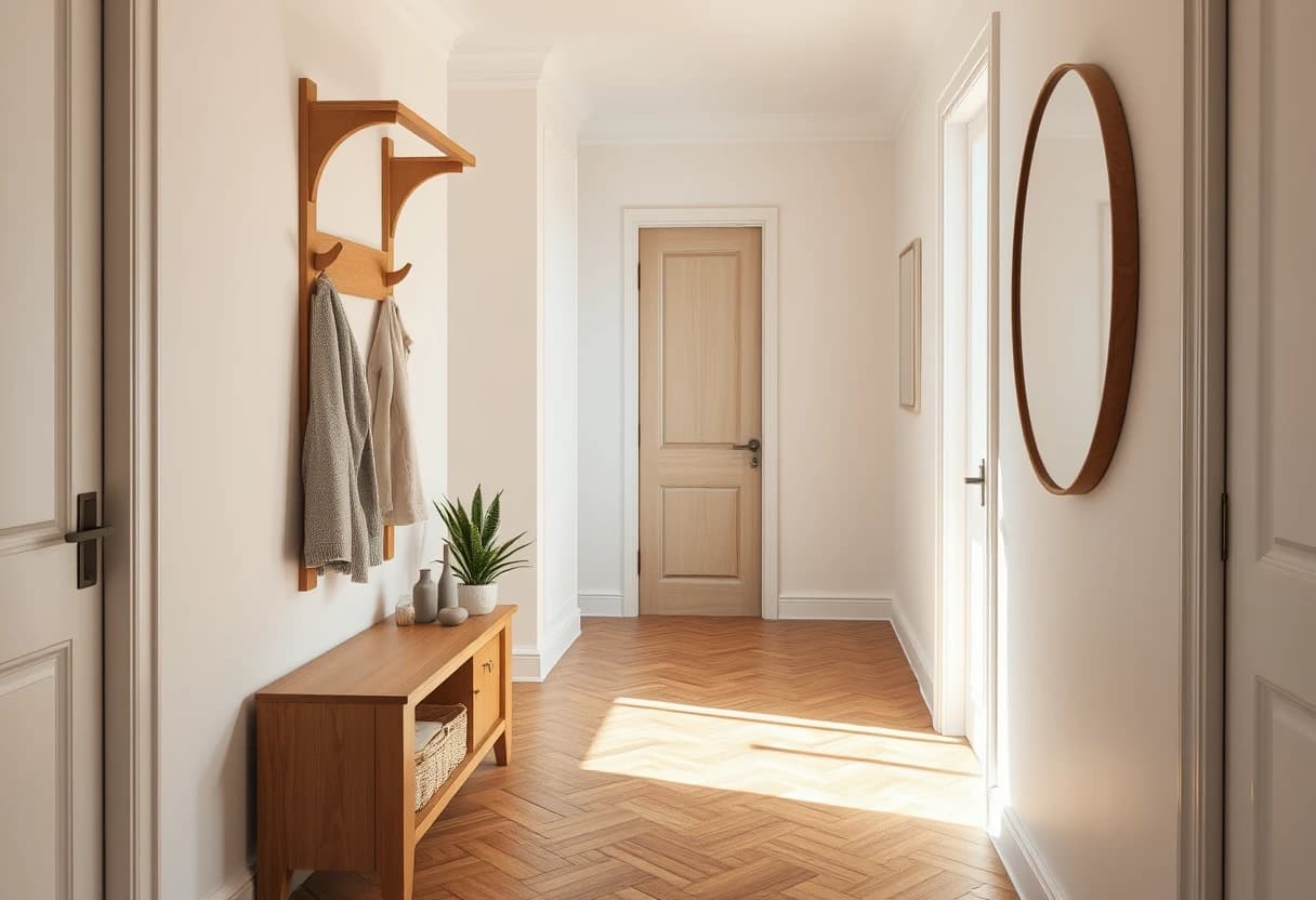 Heller Flur mit Garderobenbank und rundem Spiegel, virtuelles Staging mit der kostenlosen Zimmer einrichten App DecorAI