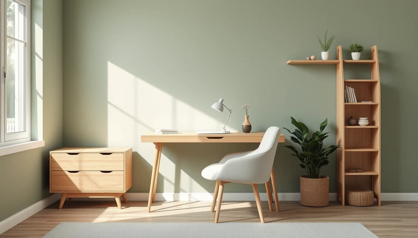 Kompakte Homeoffice-Ecke mit Eichenholz-Schreibtisch vor salbeigrüner Wand, Vorschlag des KI Ecken-Designers in der Gratis-App