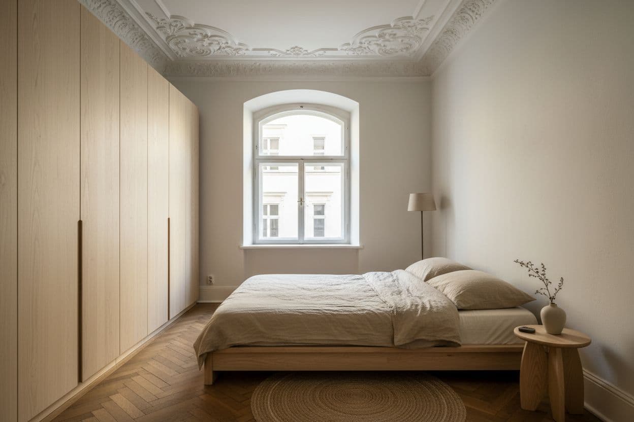 Minimalistisches Altbau-Schlafzimmer mit Podestbett und Stuckdecke, gestaltet mit der kostenlosen DecorAI App