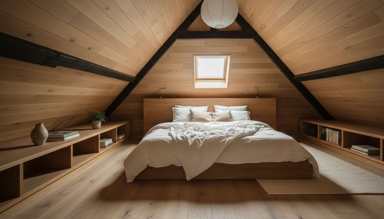 Zimmer einrichten Dachschraege im Schlafzimmer: niedriges Podestbett unter der Schräge, warmes Holz, geplant mit der DecorAI App