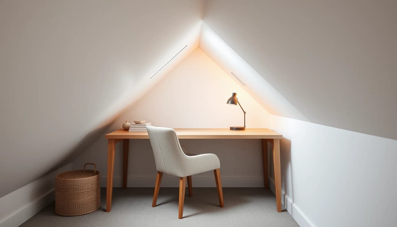 Homeoffice-Ecke unter der Dachschräge: schmaler Schreibtisch, indirektes Licht, geplant mit der DecorAI App