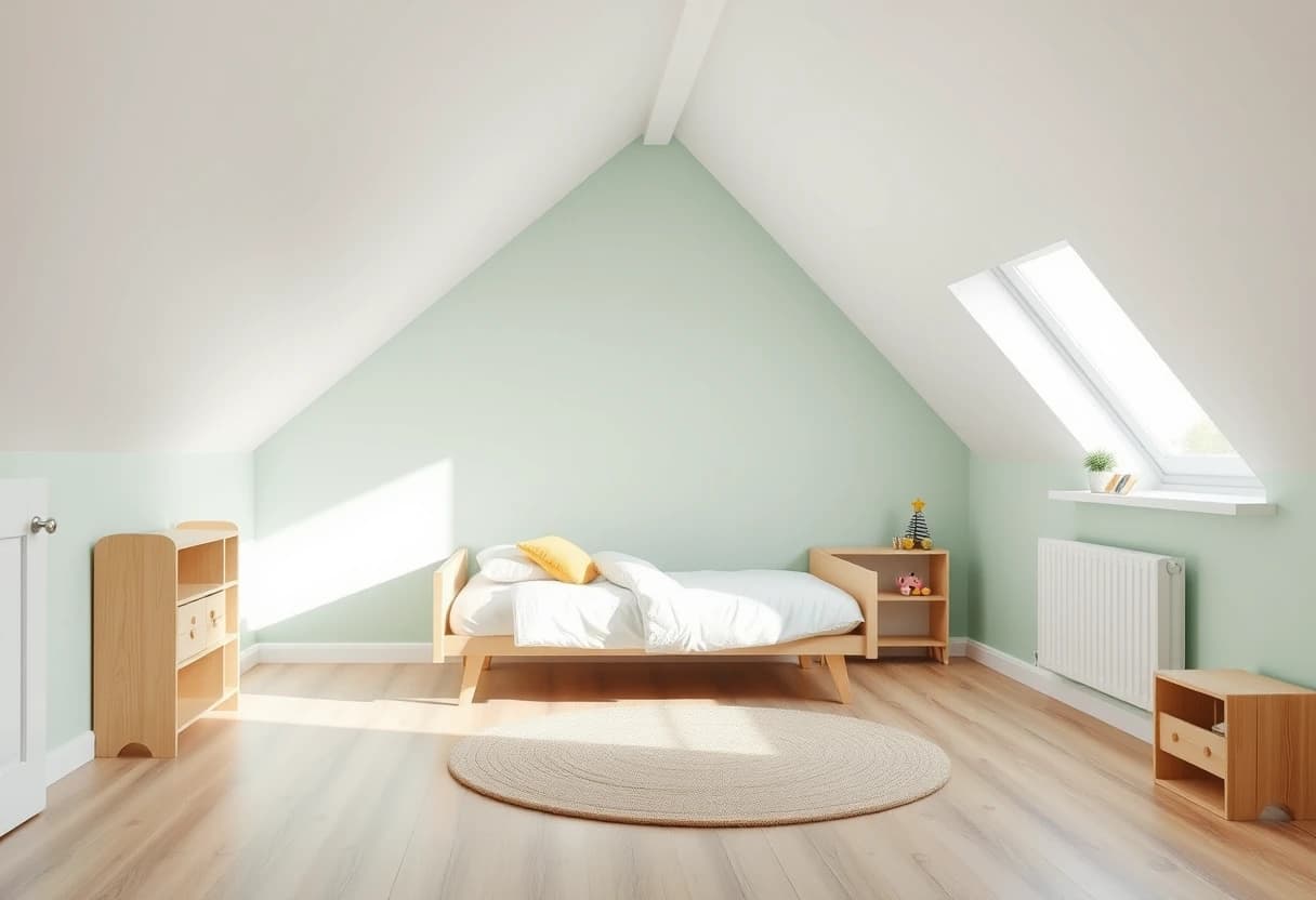 Kinderzimmer mit Dachschräge: niedriges Bett am Kniestock, helle Wandfarbe, Beispiel für Zimmer einrichten Dachschraege mit KI