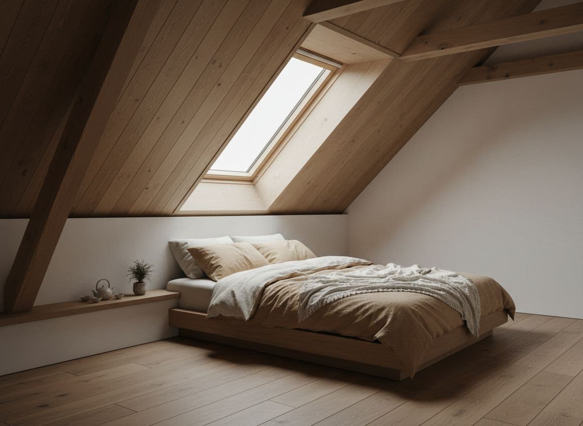 Schlafzimmer mit Dachschräge: niedriges Podestbett unter der Schräge, Leinenbettwäsche, Vorschlag der KI Raumgestaltung-App DecorAI