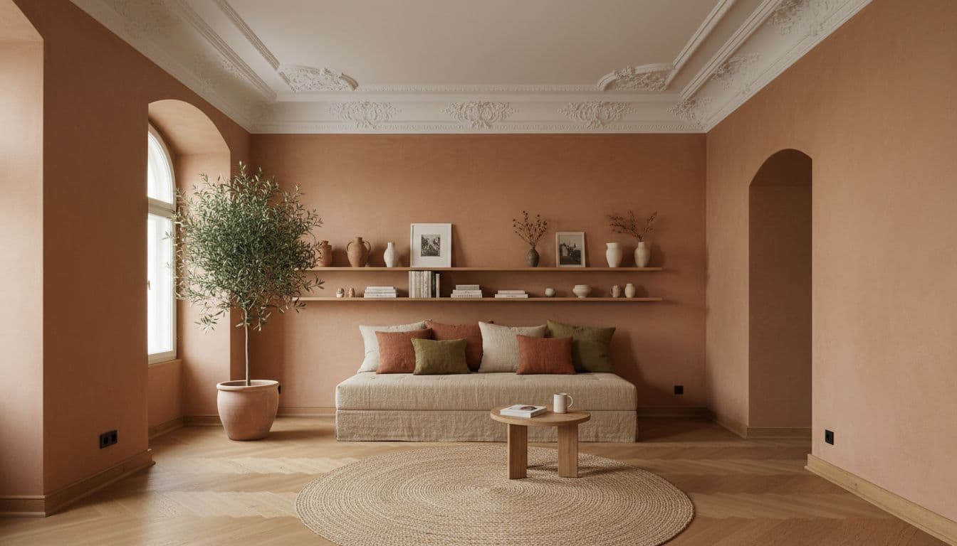 Zimmer einrichten Ideen für ein helles Altbauzimmer: Sofa-Tagesbett, Wandregal und warme Erdtöne, getestet mit einer kostenlosen KI-App