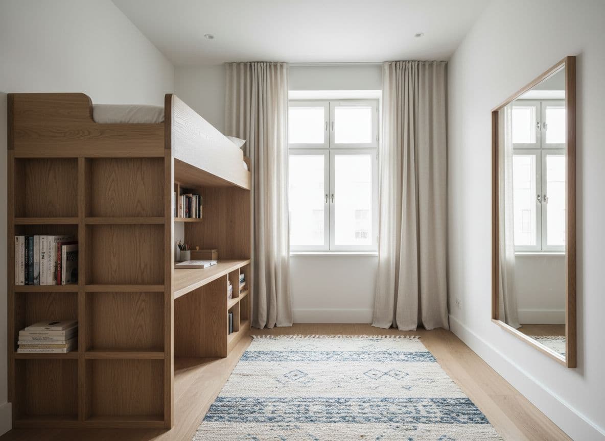 Kleines Zimmer clever eingerichtet mit Hochbett, Stauraumtreppe und hellem Holz, eine Einrichtungsidee für 10 bis 15 qm