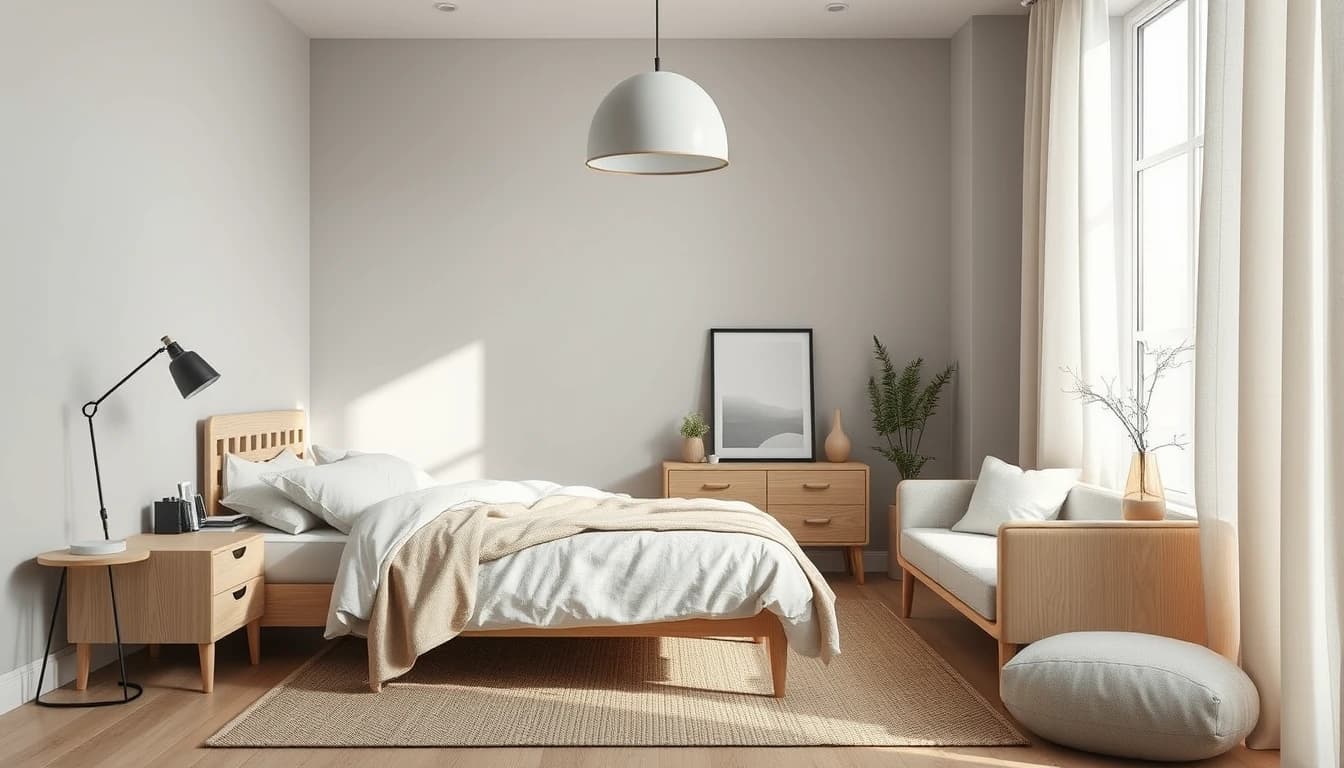 Skandinavisch eingerichtetes Zimmer mit hellem Holz, neutralem Leinen und schwarzen Akzenten als Stilbeispiel