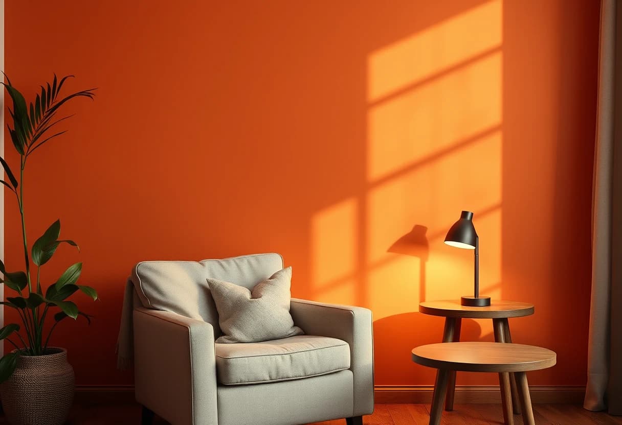 Zimmer mit warmer Wandfarbe und Abendlicht aus zwei niedrigen Lichtquellen statt kaltem Deckenlicht