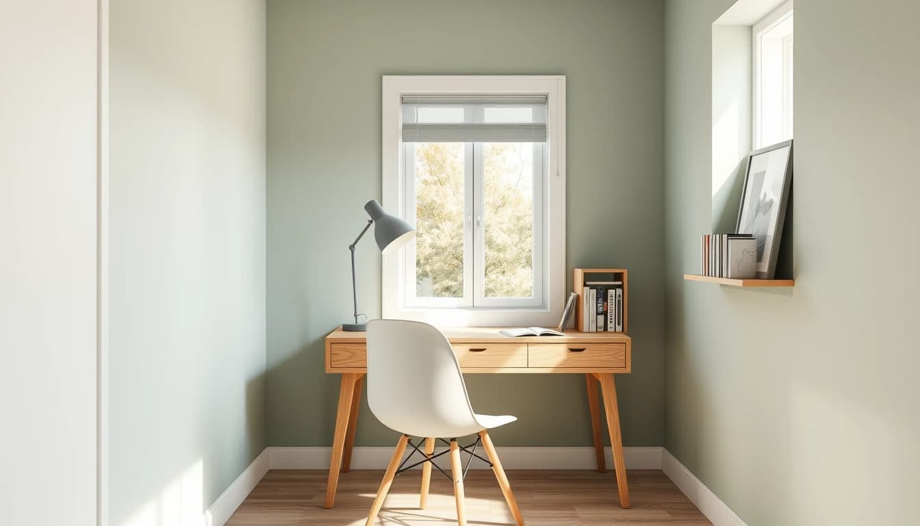 Arbeitsecke mit Schreibtisch seitlich zum Fenster, Zimmer einrichten planen mit Zonenlicht, Stehlampe und schlichtem Regal