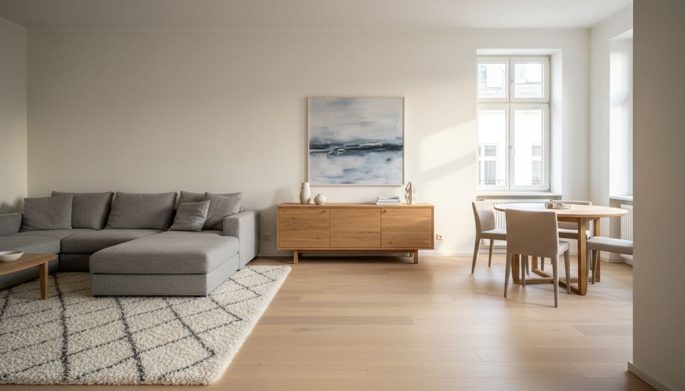 Zimmer einrichten planen: helles Wohnzimmer mit klar abgegrenzten Zonen, Sofa, Sideboard und freiem Laufweg, Vorschau mit DecorAI