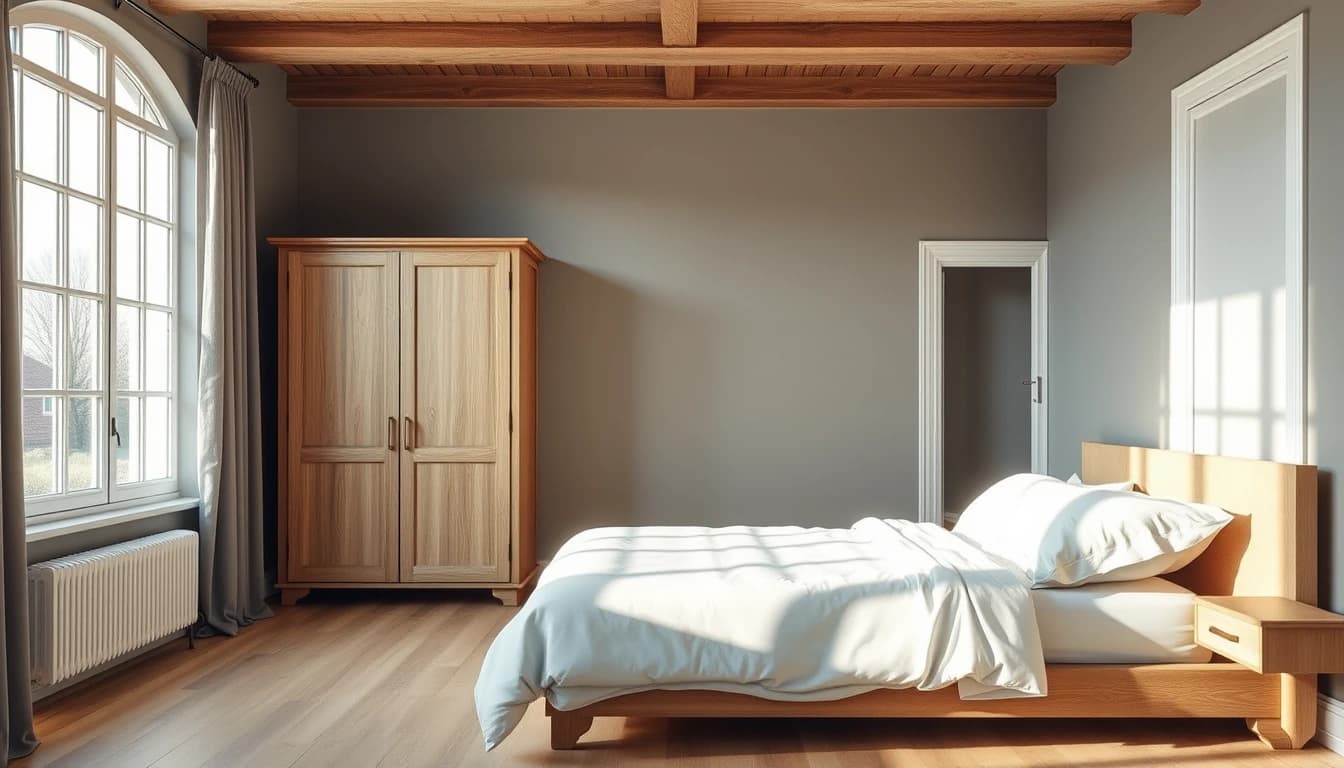 Schlafzimmer mit freiem Laufweg zwischen Bett und Kleiderschrank, Zimmer aufteilen mit klaren Abständen, helles Holz und Leinen