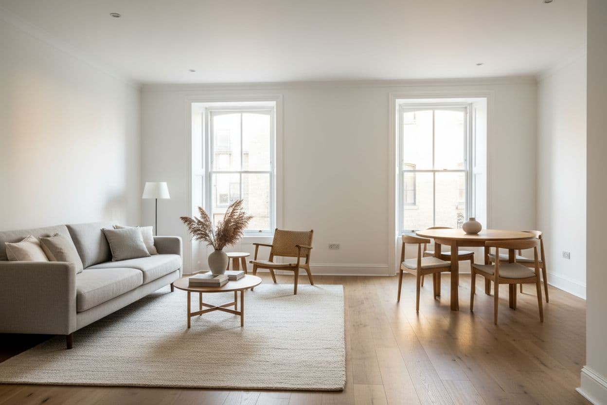 Wohnzimmer mit zwei klar getrennten Zonen, Sofa mit Teppich und Essplatz am Fenster, Zimmer einrichten planen mit KI-Vorschau