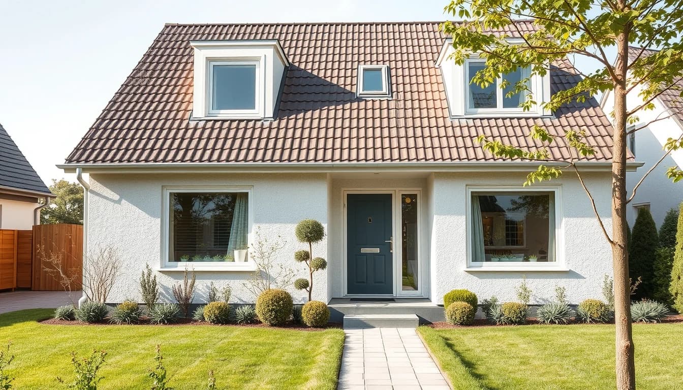 Modernisierte Hausfassade als Beispiel des Zimmergestalten.de Fassadendesigners mit heller Putzfassade und neuer Fensterfront
