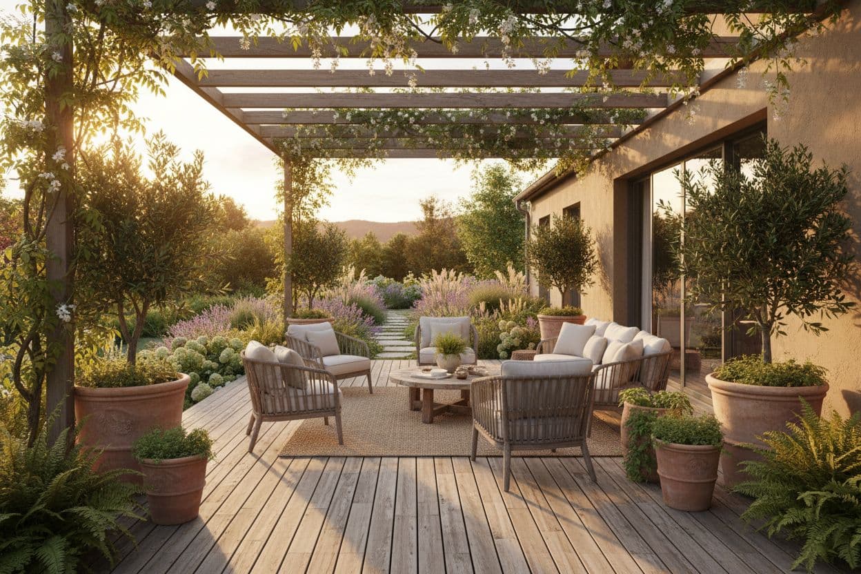 Terrasse und Garten neu gestaltet mit KI Raumgestaltung von Zimmergestalten.de, Holzdeck, Pergola und Pflanzen im Sommerlicht