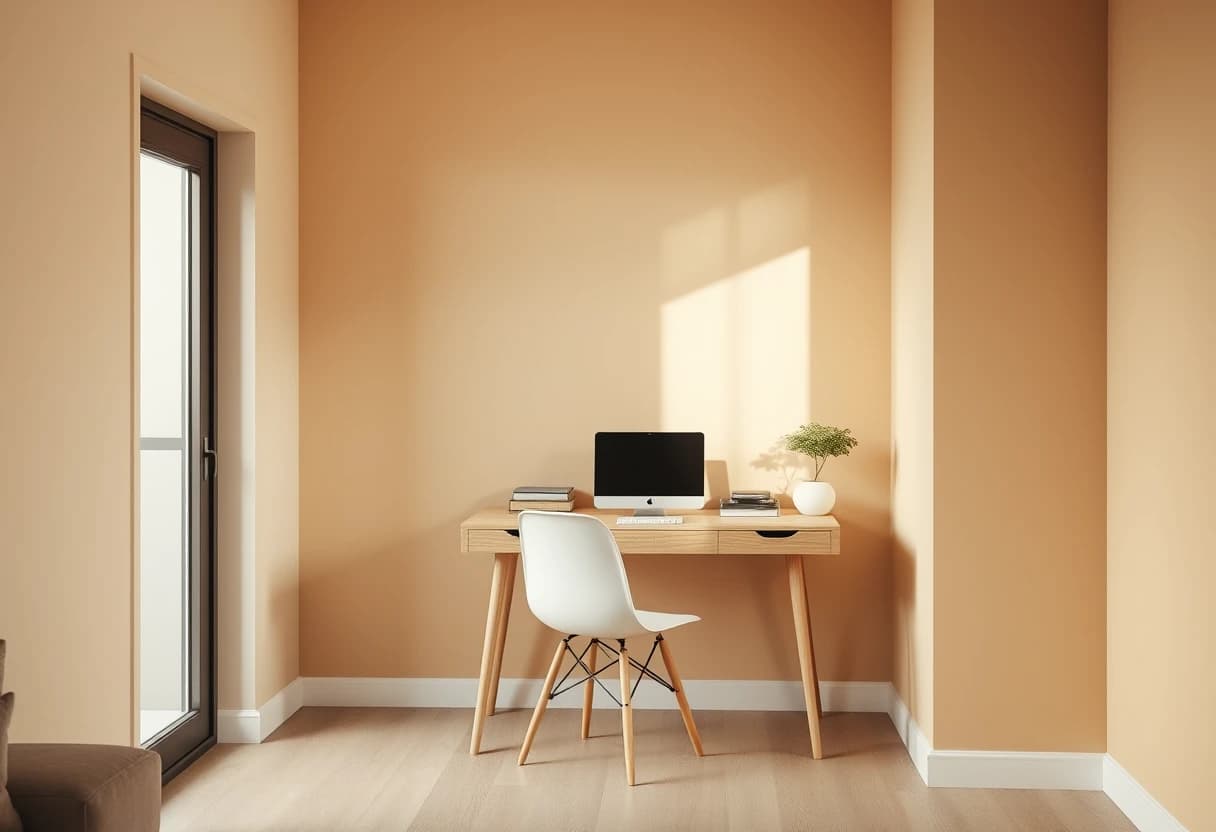Kompaktes Homeoffice in einer kleinen Mietwohnung, gestaltet mit der KI Innendesign App auf Deutsch von Zimmergestalten.de