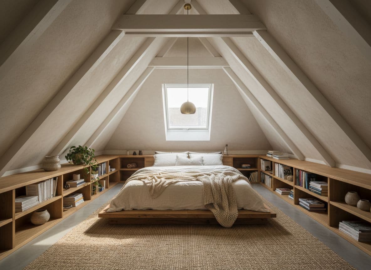 KI Raumgestaltung von Zimmergestalten.de für ein Schlafzimmer mit Dachschräge in einer Altbauwohnung, Podestbett und warmes Licht