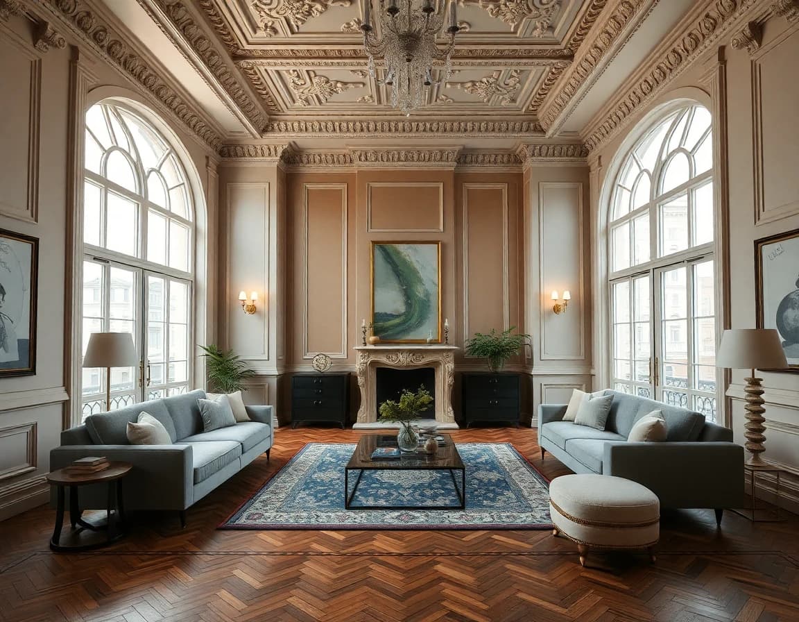Altbauwohnung einrichten: Zimmer mit Stuckdecke, Dielenboden und modernen Möbeln