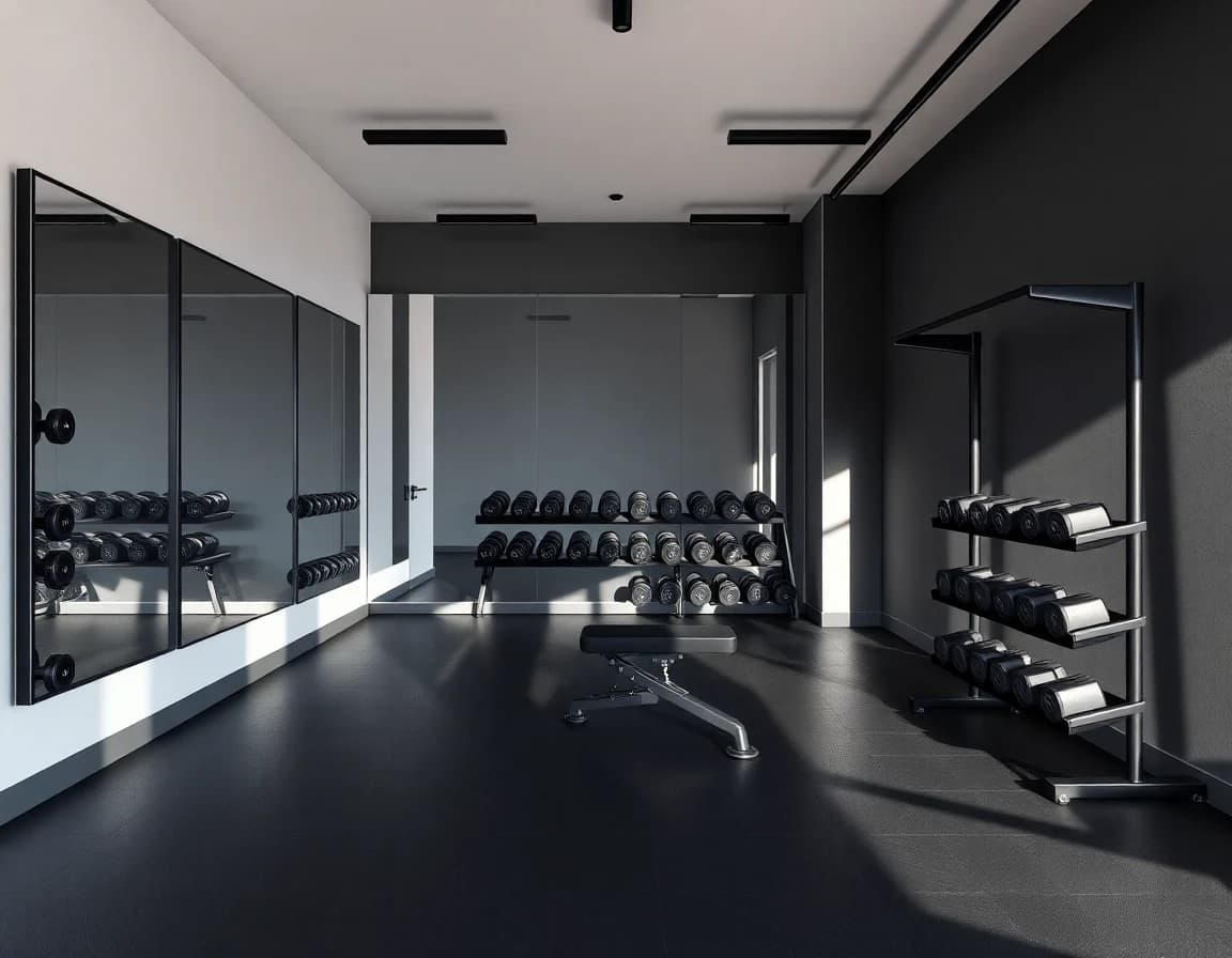 Fitnessraum einrichten: modernes Home-Gym mit Gummiboden, Spiegel und Trainingsgeräten